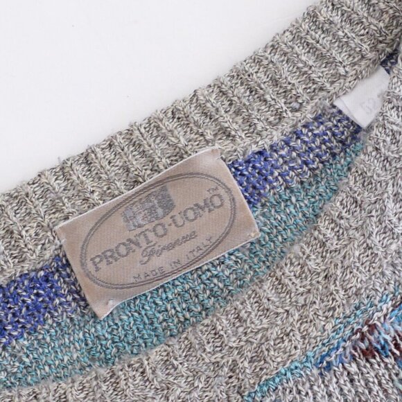 Pronto-Uomo Gray Blue Hounds Tooth Eclectic Grandpa Fine Knit Crew Neck Sweater - Picture 4 of 9